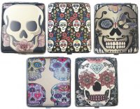 3101L20CSKULL Candy Skull Designs Leather Wrapped Holds 20 Cigarettes 100s Size (12PC)